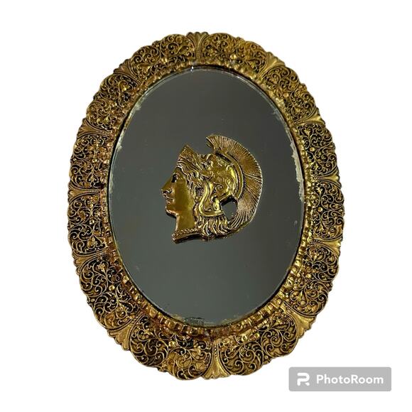 Vintage Goldtone Gold Mirror Greek Soldier Guilded Metal Frame Wall Hanging - Picture 1 of 7
